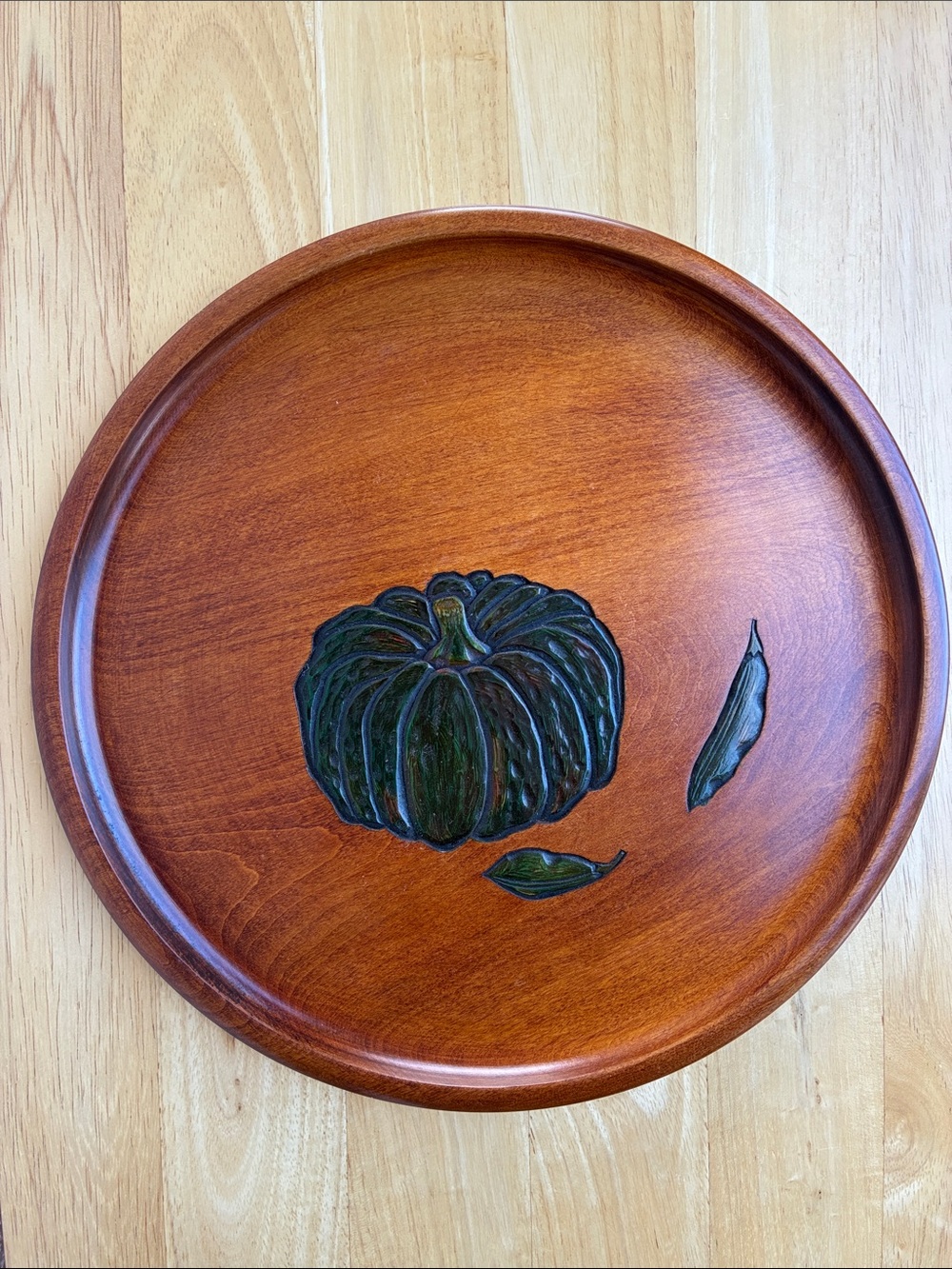 Japanese Oban tray vintage signed lacquerware hand-carved hardwood pumpkin motif
